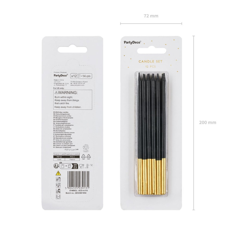 PartyDeco Candles Black/Gold 12/pcs